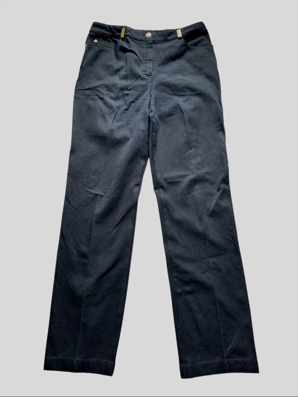 St John Sport Black Straight Leg High Rise Pants Women's 30" Gold Logo USA